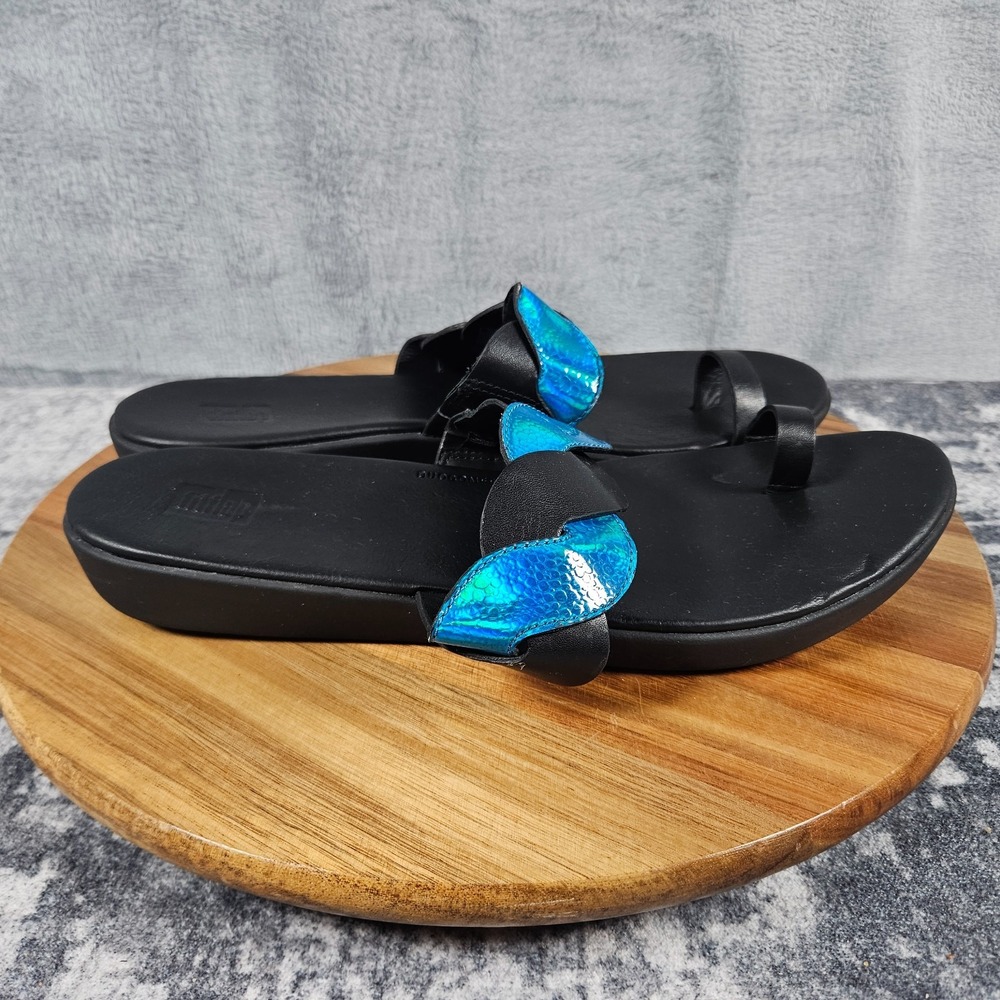 Fitflop Reagan Rope Sandals Womens 10 Black Aqua Blue Slip On Toe Ring Slide